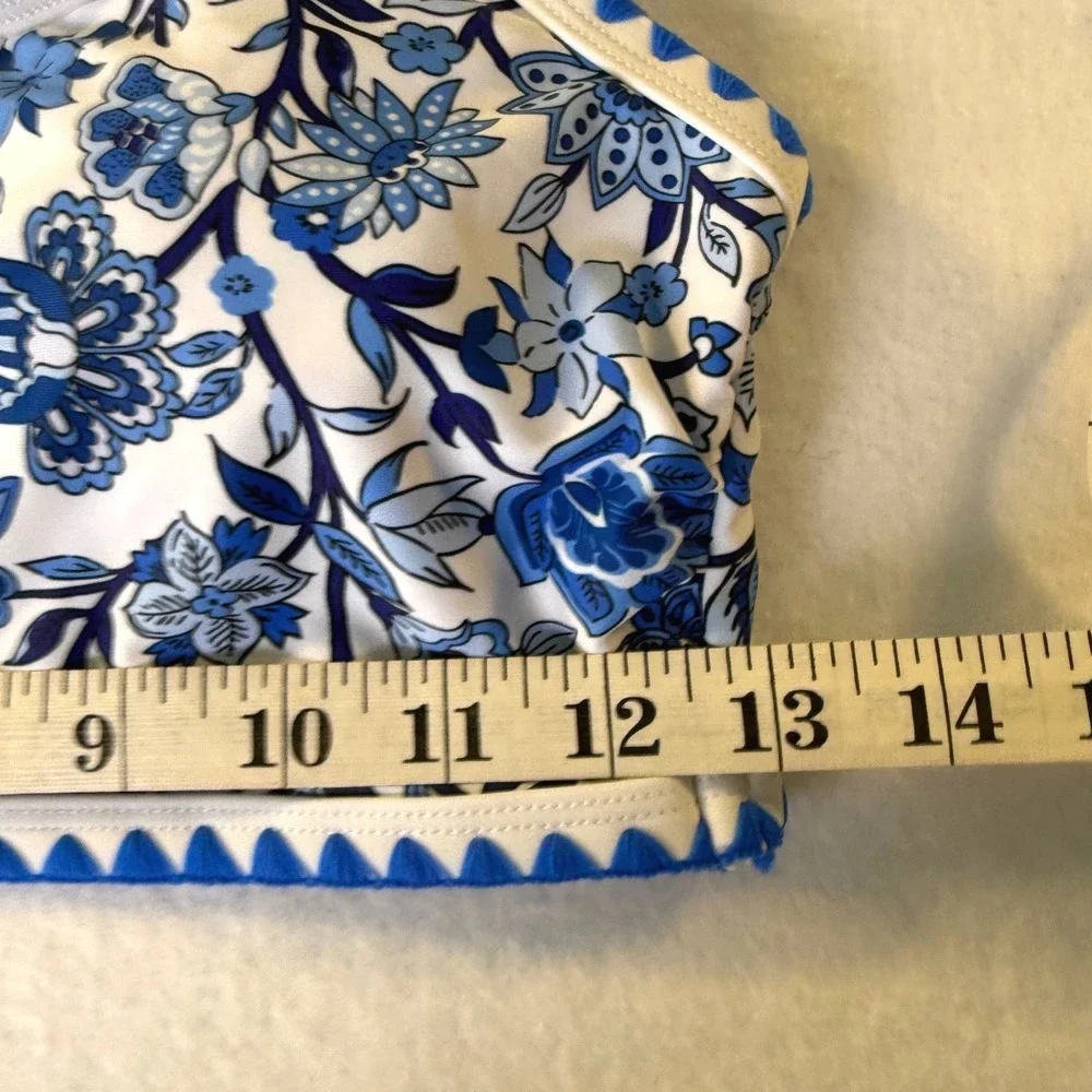 Blue White Floral Chintz Ric Rac High Waisted Bikini Swimsuit Size Smal New